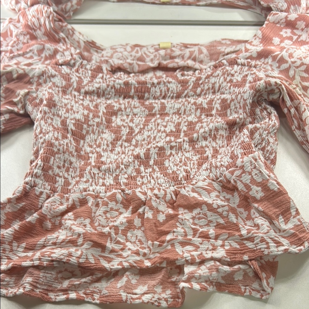 Pink Smocked Blouse with Flutter Sleeves